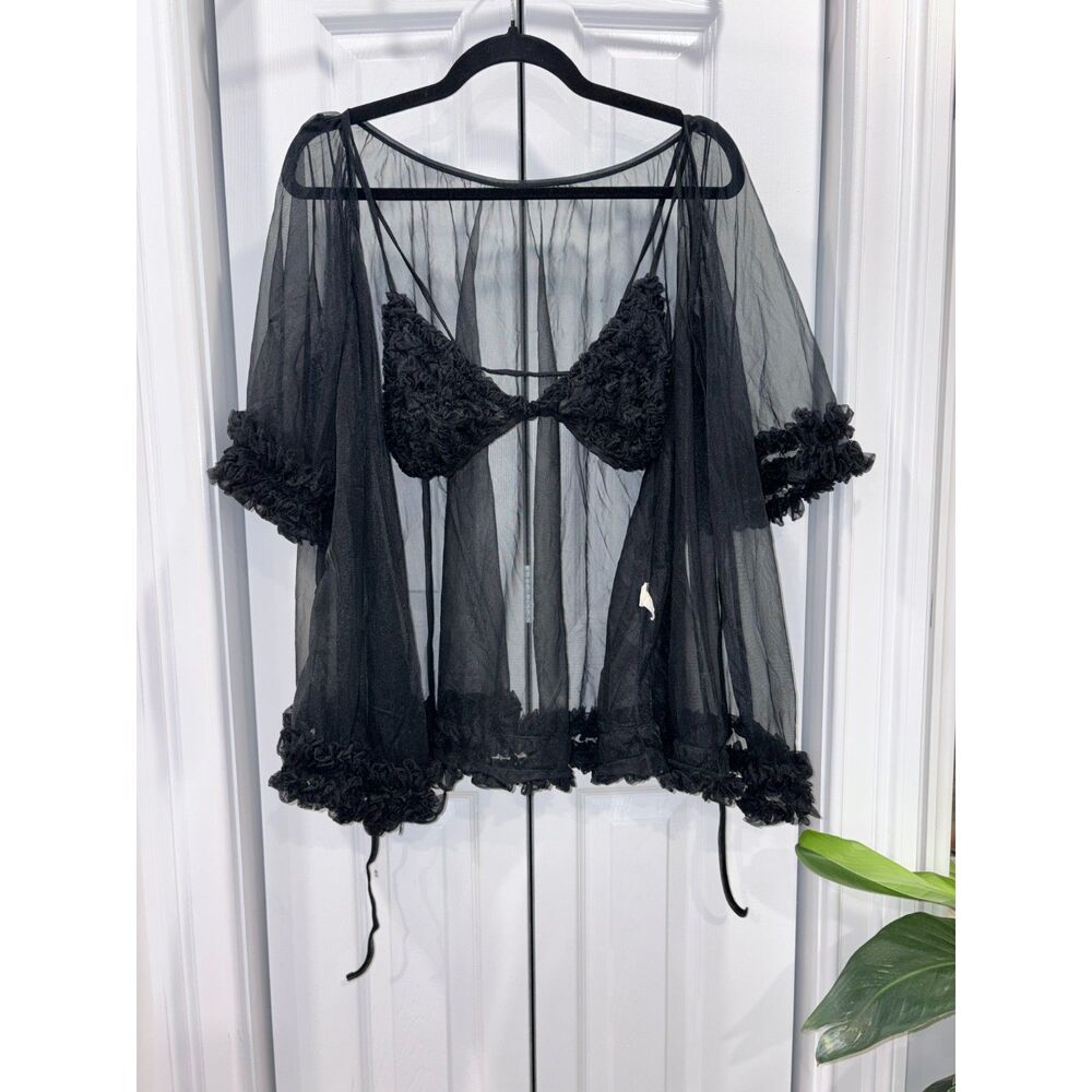 VTG JCPenney Sheer Black Mesh Lingerie Set Ruffle Bralette & Tie Front Kimono